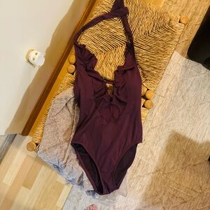Bleu Rod Beatti One Piece Ruffled Swimsuit Aubergine color size 6